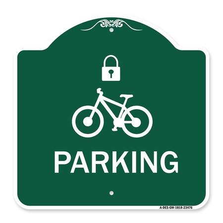 Parking With Cycle And Lock Symbol, Green & White Aluminum Architectural Sign